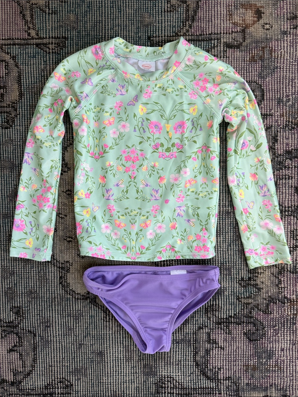 wonder nation Green Floral Rash Guard Swim Set with Purple Bottoms